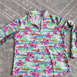 IBKUL Pink Floral 1/4 zip with mesh under sleeves classy golf sun protection